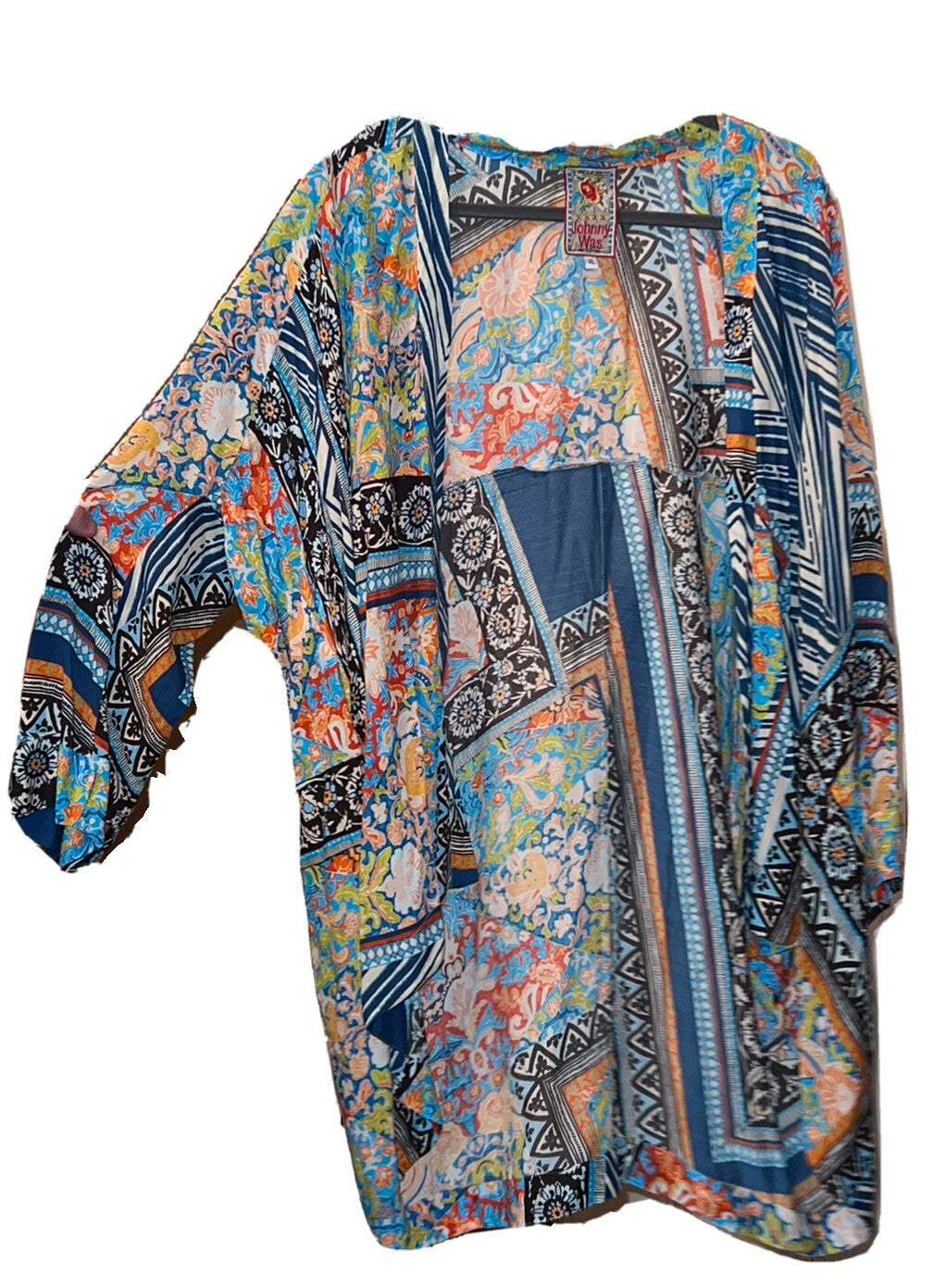 Johnny Was XL Silky Kimono Duster Jacket BOHO Flowy Top Lightweight Cool Color Johnny Was