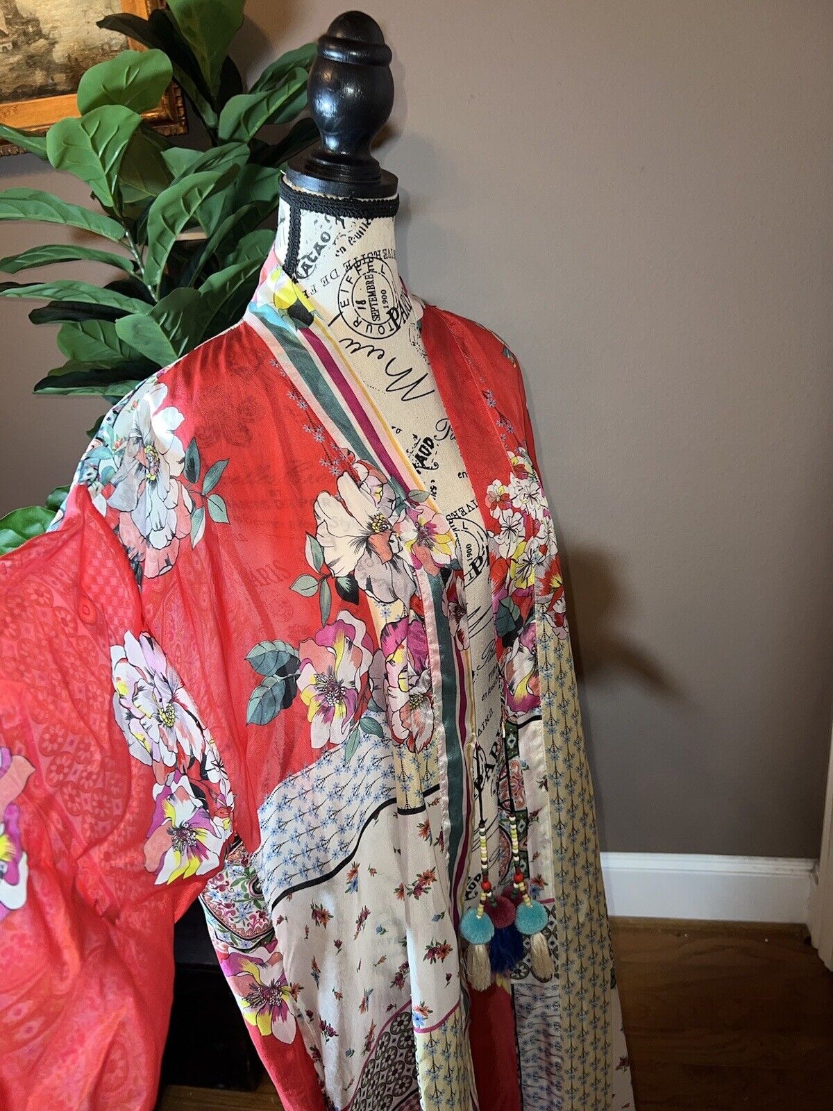 Johnny Was 100% Silk Long Kimono Wrap L Large Spring Floral Duster Robe