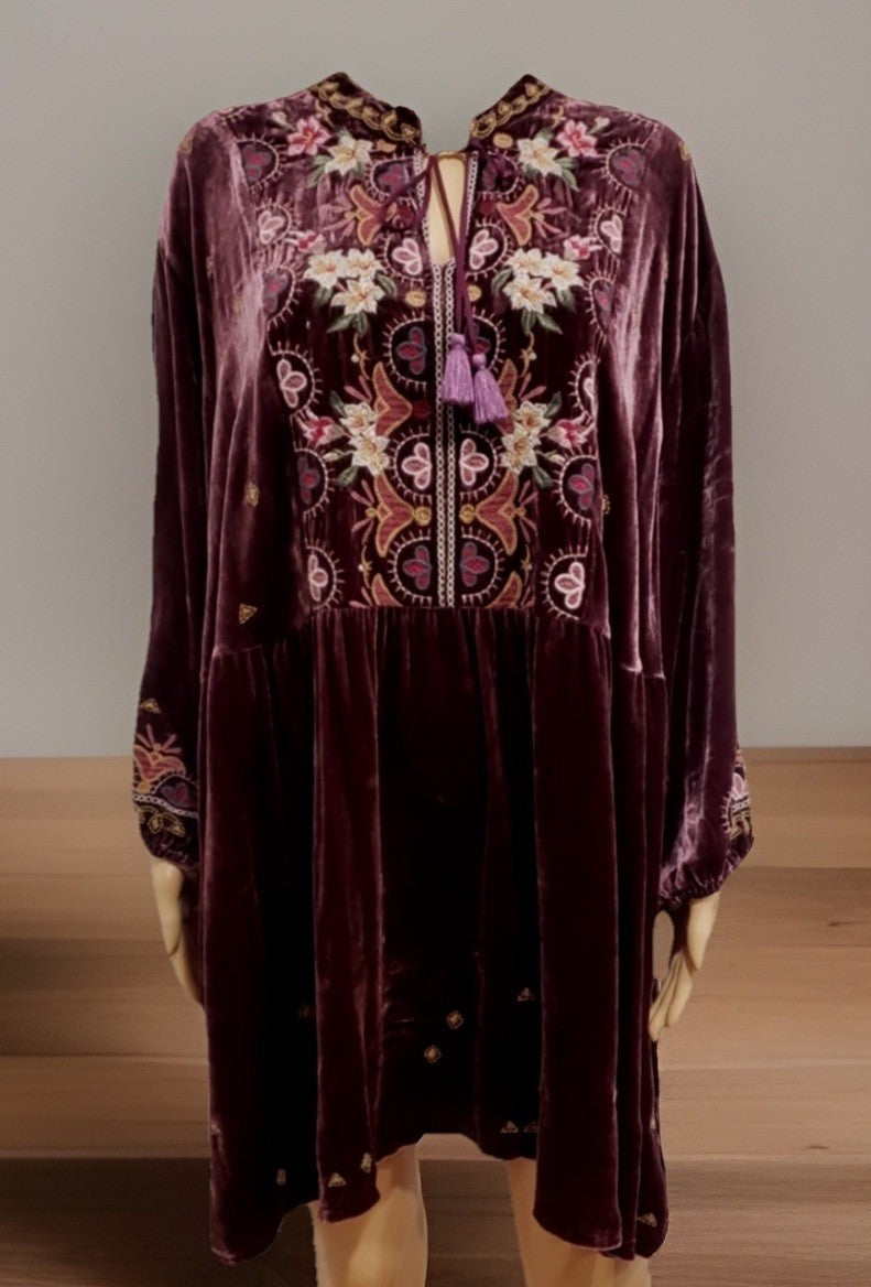 Johnny Was 1X Plus Burgundy Velvet Mini Shift Dress Peasant Tunic Embroidery Johnny Was