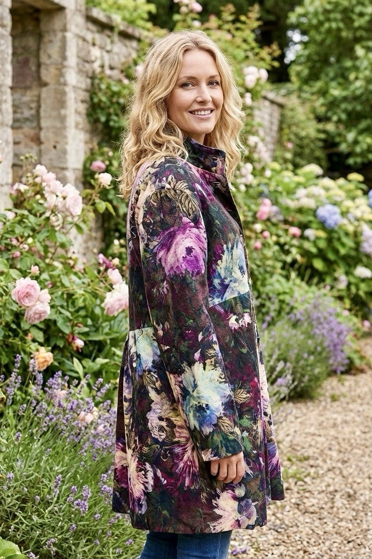 Johnny Was L Purple & Mauve Velour Military Jacket Trench Coat Silk Lined Johnny Was