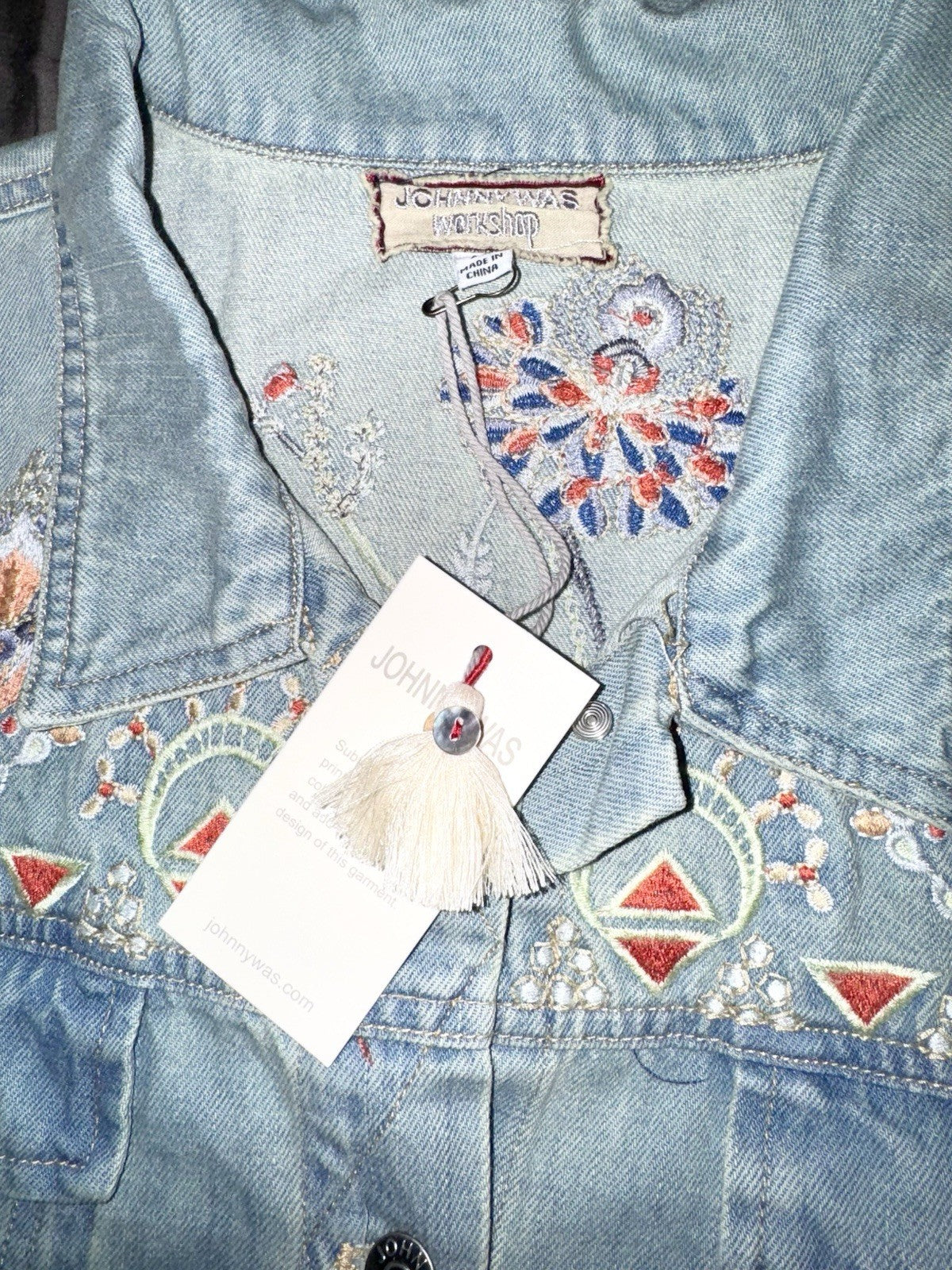 Johnny Was XL Denim Jacket Worker Coat Embroidered Phoenix Bird Light Wash Johnny Was