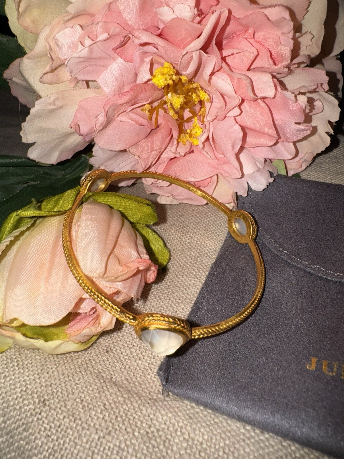 Julie Vos Large Sz Iridescent Clear 3 Station Bangle Bracelet 24k Gold Plate Julie Vos