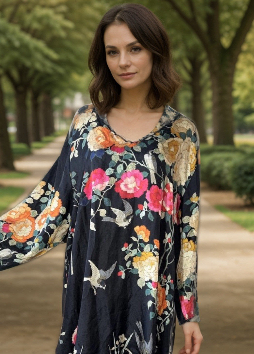 100% Silk Johnny Was Black Tunic Top Or Mini Dress XXL 2X 2XL Birds & Flowers Johnny Was