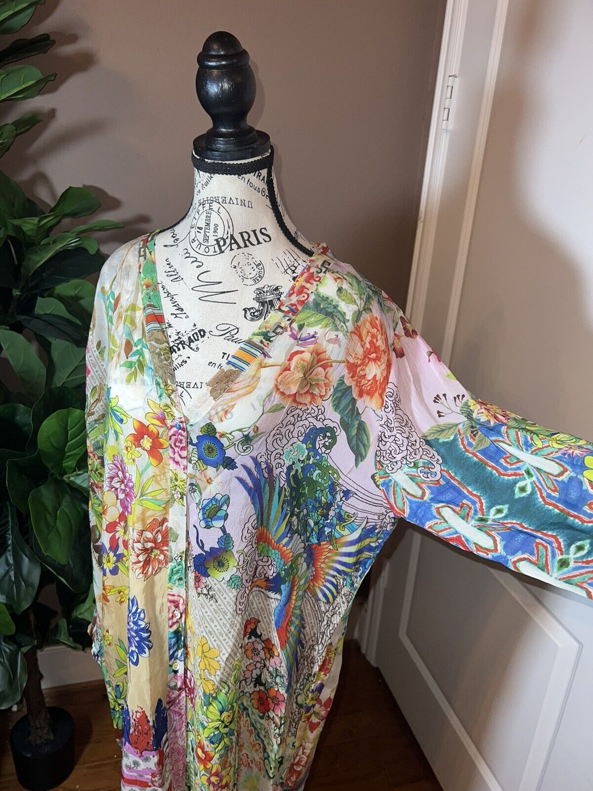 Johnny Was Silky Floral & Phoenix Long Sleeve Tunic Top Mini Dress L  Kimono