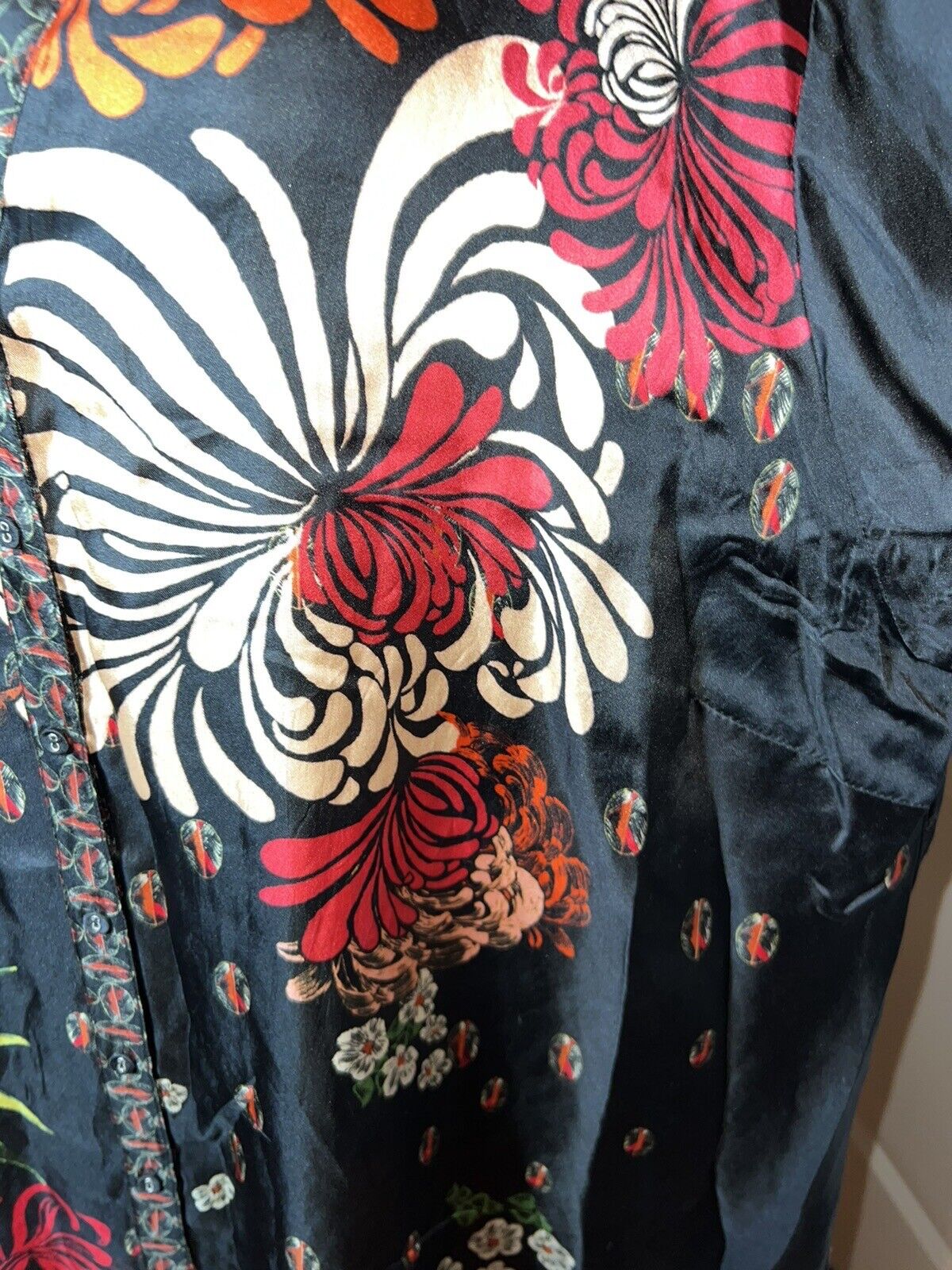 Johnny Was 100% Silk Black & Floral Pattern Tunic Top Kimono XL 1X 1XL