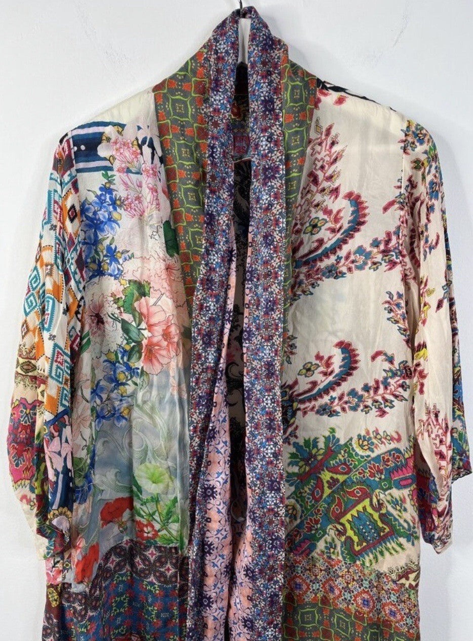 Johnny Was L Silky Kimono Wrap Patchwork Duster Jacket Cool Lightweight BOHO Johnny Was