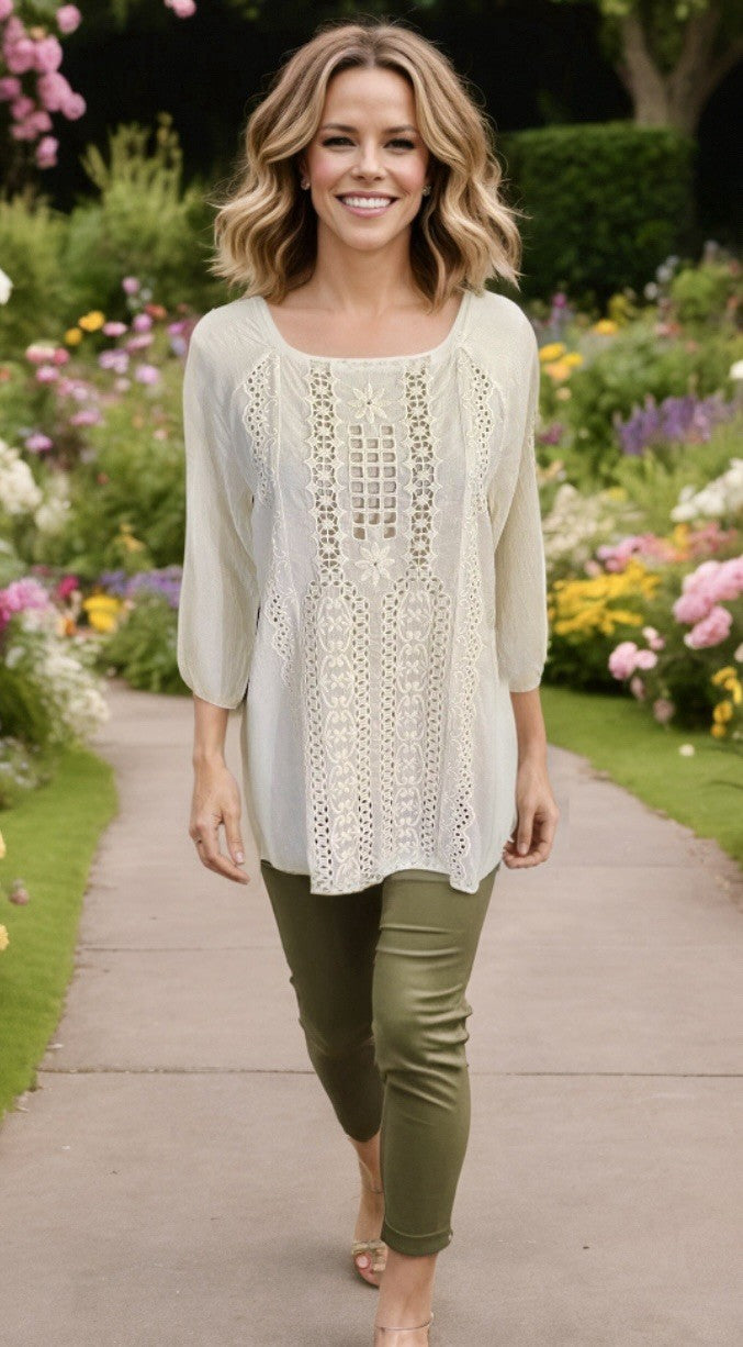 Johnny Was 3X Ivory Long Sleeve Tunic Top Blouse Shirt Off White Eyelet Lace Johnny Was