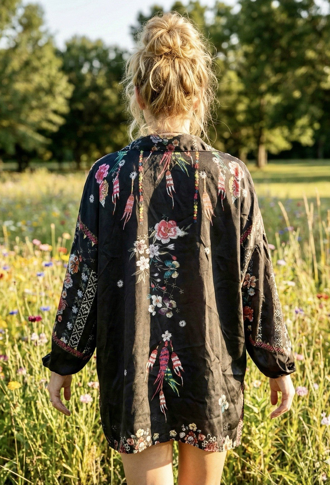 Johnny Was L 100% Silk Button Up Blouse Shirt Long Sleeve Tunic Top Lightweight Johnny Was