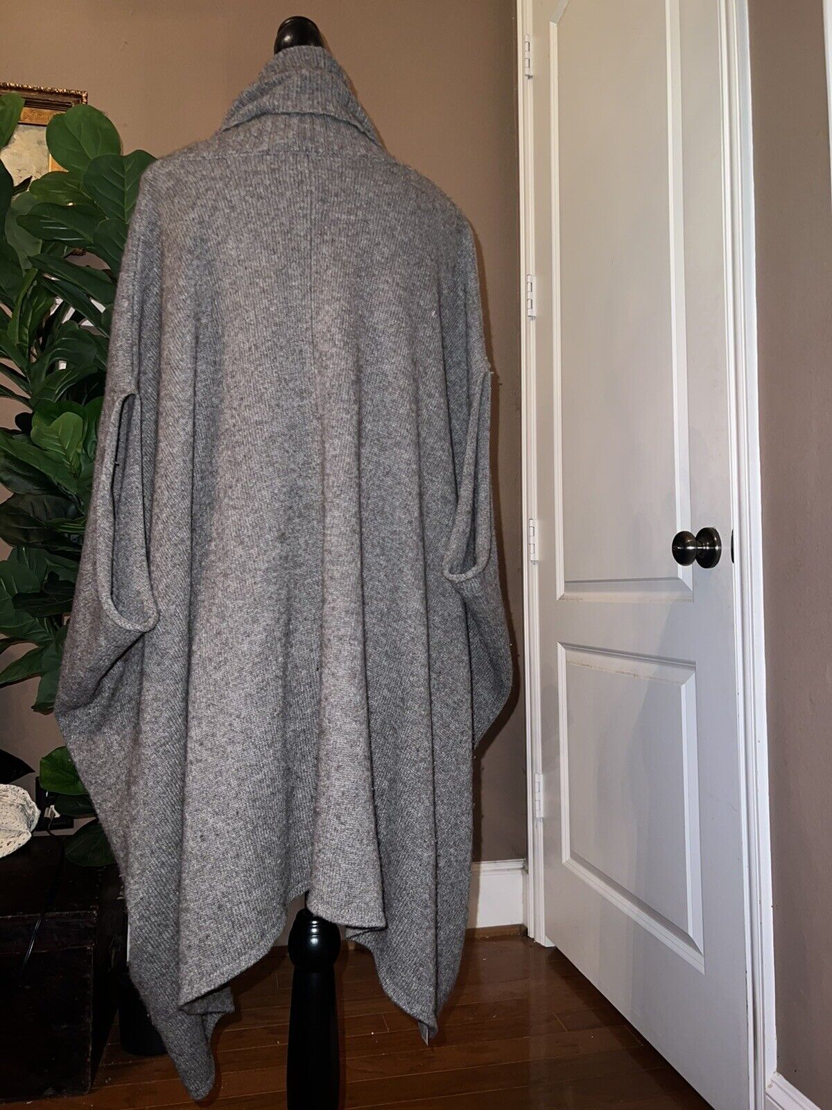 Eileen Fisher L Charcoal Grey Merino Wool Cowl Neck Poncho Pullover Sweater