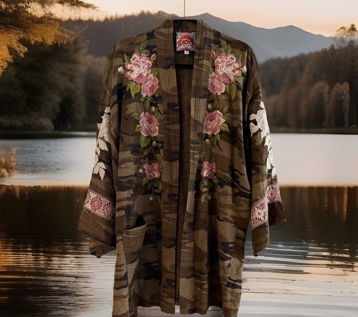 Johnny Was XL Linen Camo Embroidered Kimono Top Wrap Jacket Coat *NO BELT Johnny Was