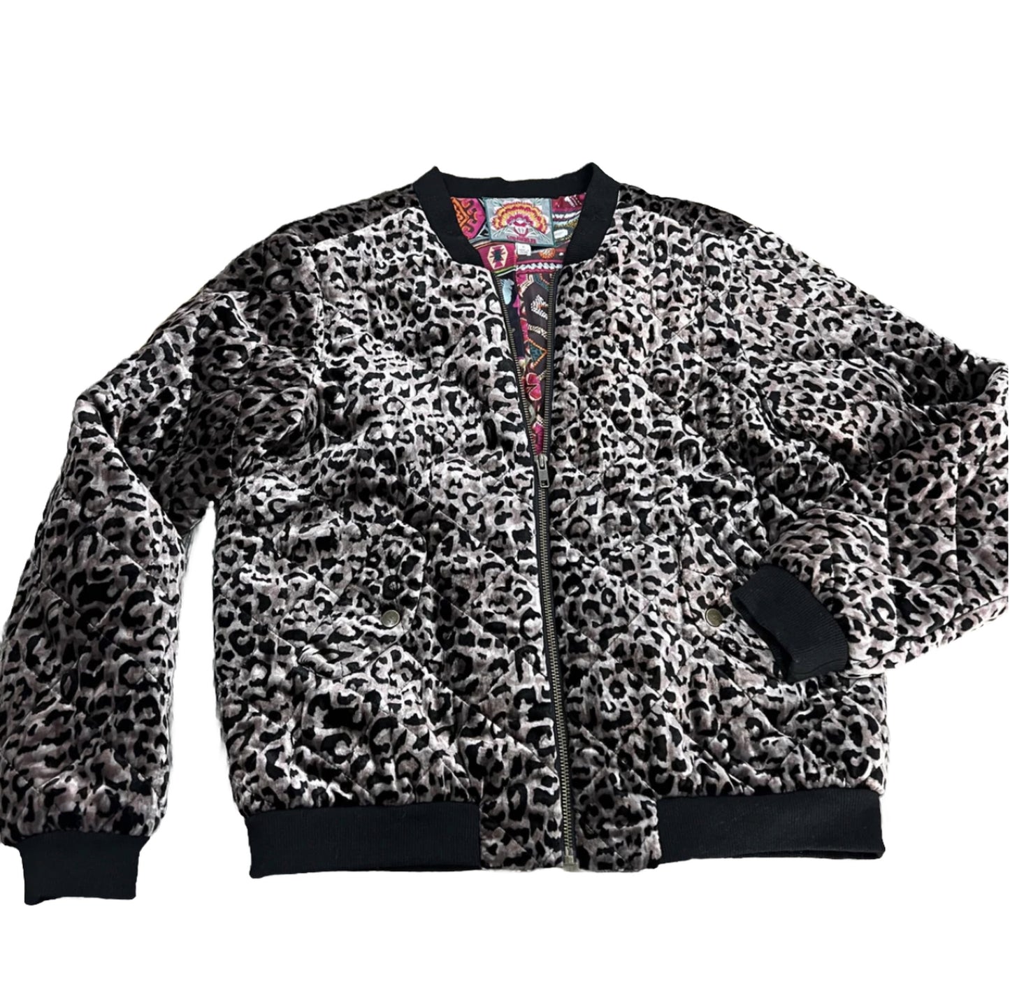 Johnny Was M Velvet Leopard Print Bomber Jacket Coat 100% Silk Lining Animal Johnny Was