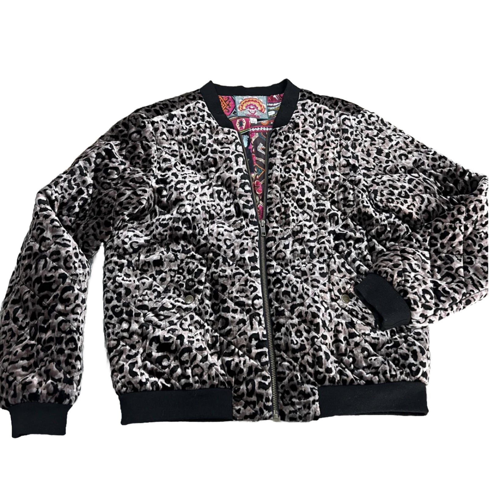 Johnny Was M Velvet Leopard Print Bomber Jacket Coat 100% Silk Lining Animal Johnny Was