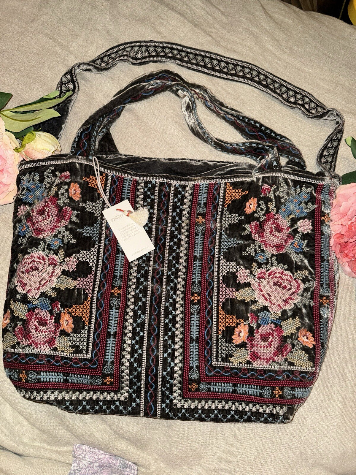 Johnny Was Large Grey Velvet Hobo Bag Tote Purse Embroidered Crossbody Johnny Was