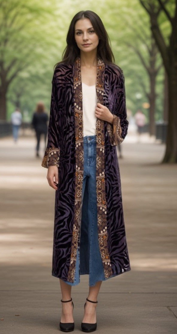 Johnny Was XL Burnout Velvet Long Kimono Duster Wrap Deep Eggplant Zebra & Gold Johnny Was
