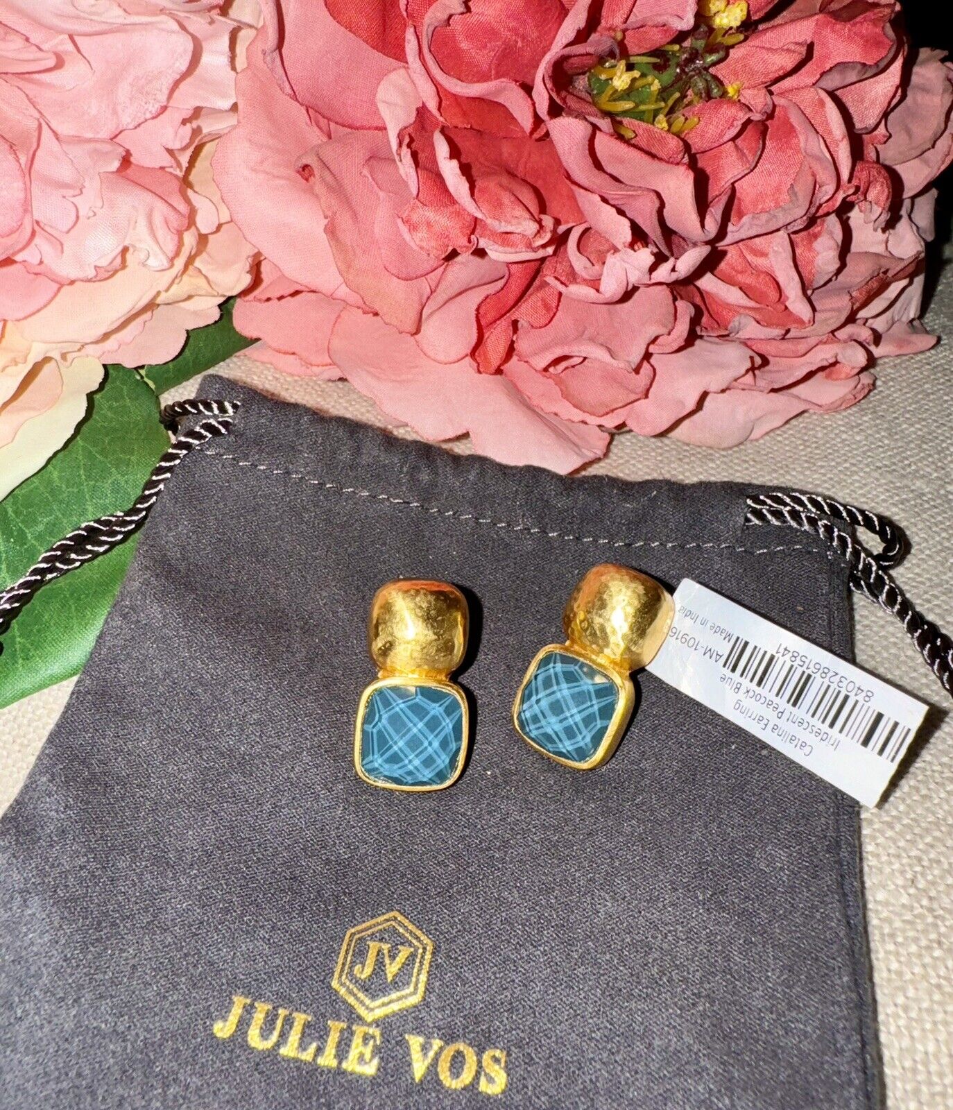 Julie Vos Iridescent Peacock Blue Crystal 24k Gold Plated Earrings