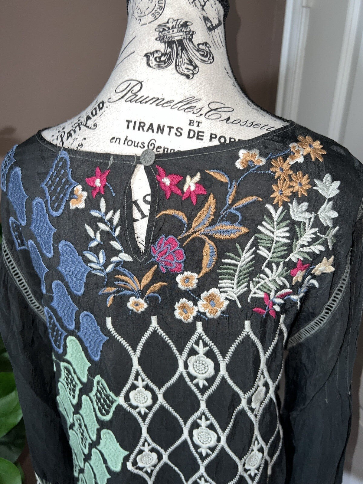 Johnny Was L Black Embroidered Blouse Tunic Top Mini Dress Kimono Sleeve Shirt Johnny Was