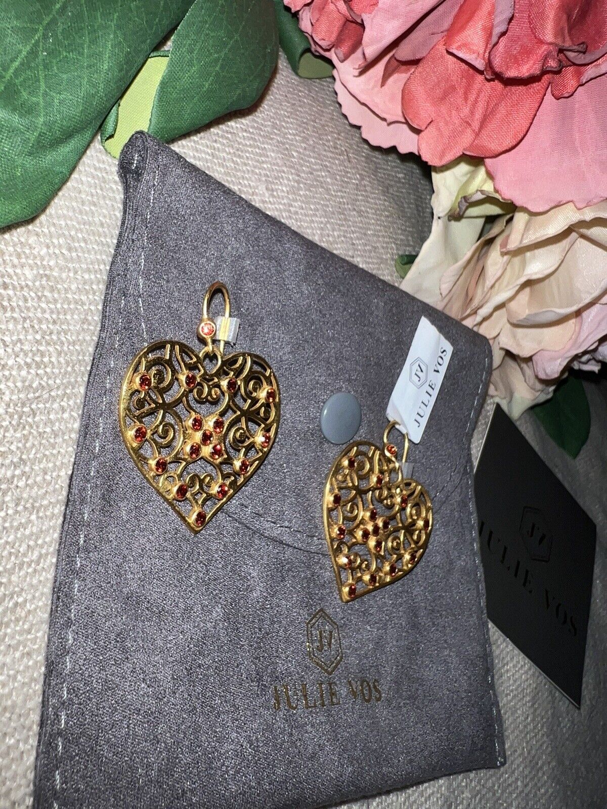 Julie Vos Ruby Red CZ Embellished Heart Earrings 24k Gold Plate   SPARKLY