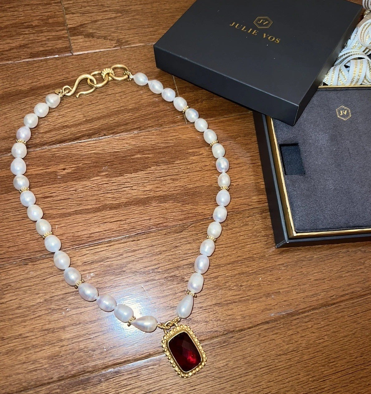 Julie Vos Freshwater Pearl & Ruby Red 24k Gold Plate Statement Necklace WOW! Julie Vos