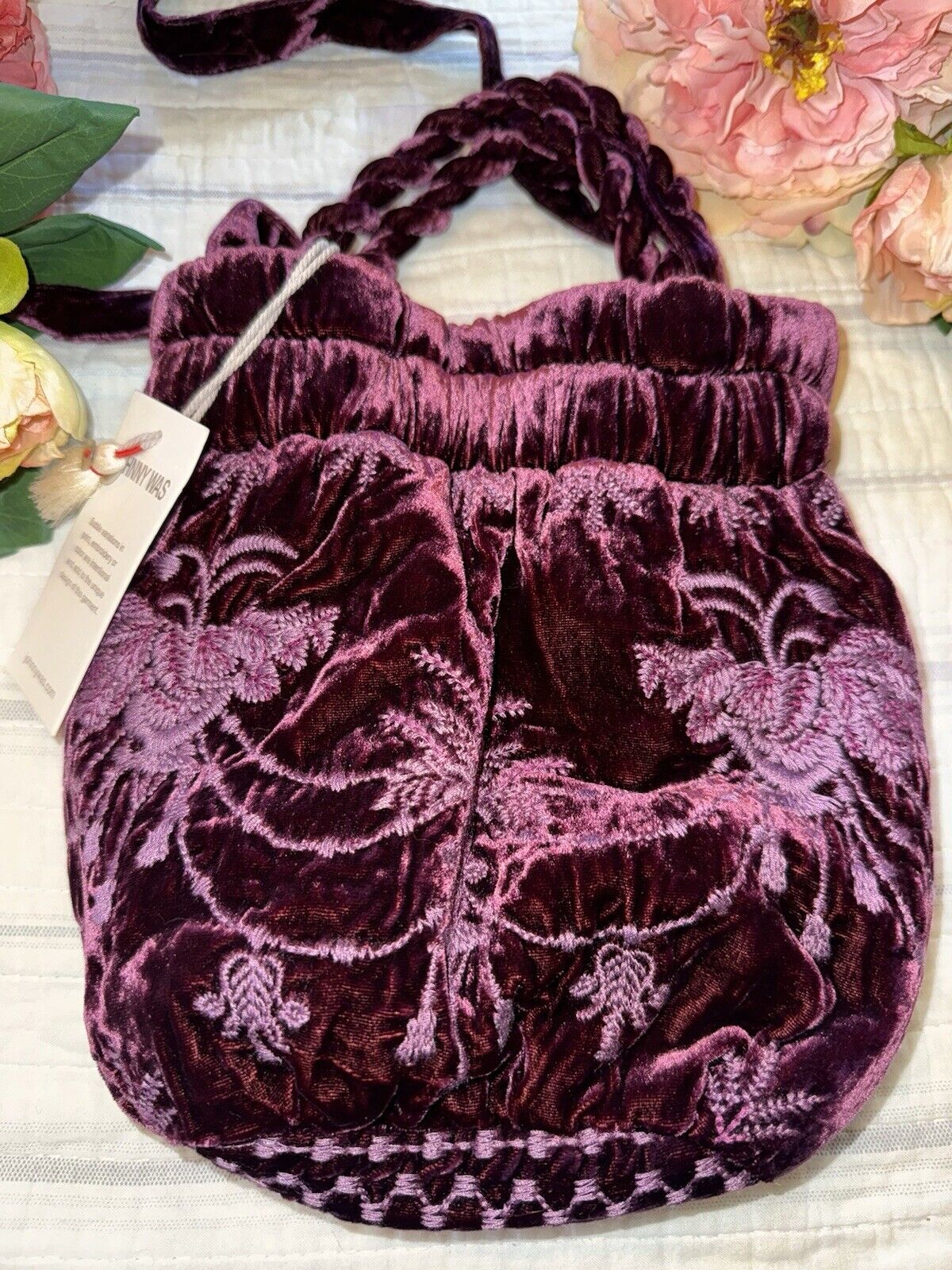 Johnny Was Plum Velvet Embroidered Hobo Bag Tote Purse Purple Crossbody