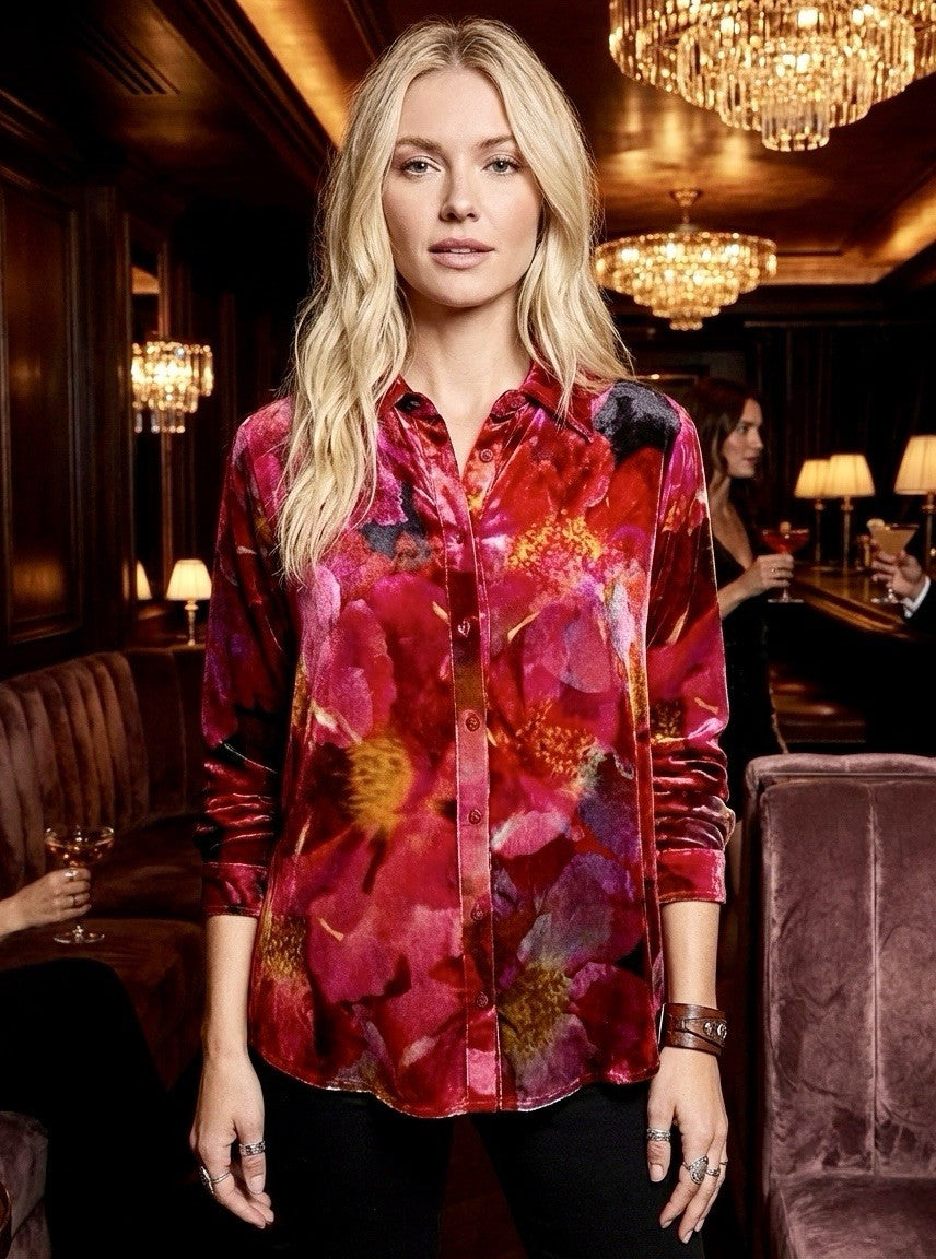 Johnny Was L Large Velvet Button Up Shirt Blouse Top Red Pink & Black Johnny Was