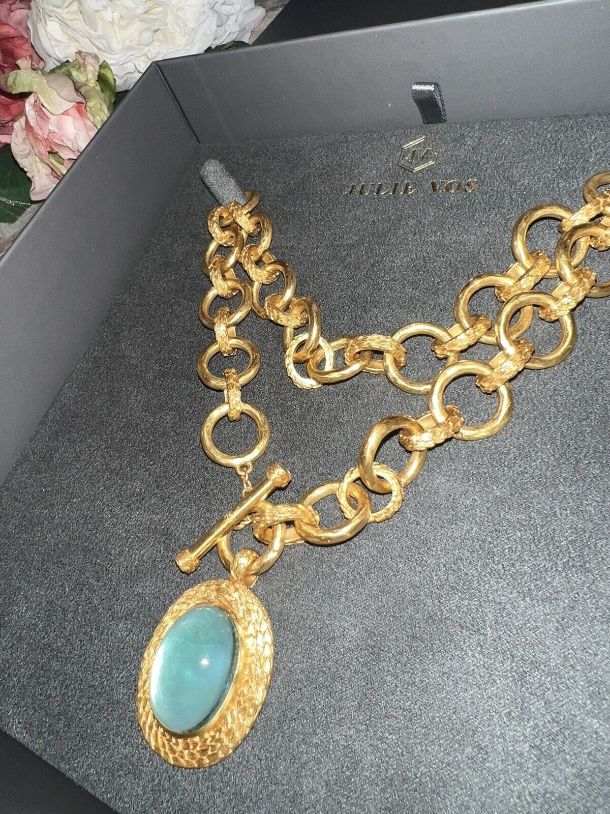 Julie Vos Statement Necklace Iridescent Blue Pendant 24k Plate Toggle Link