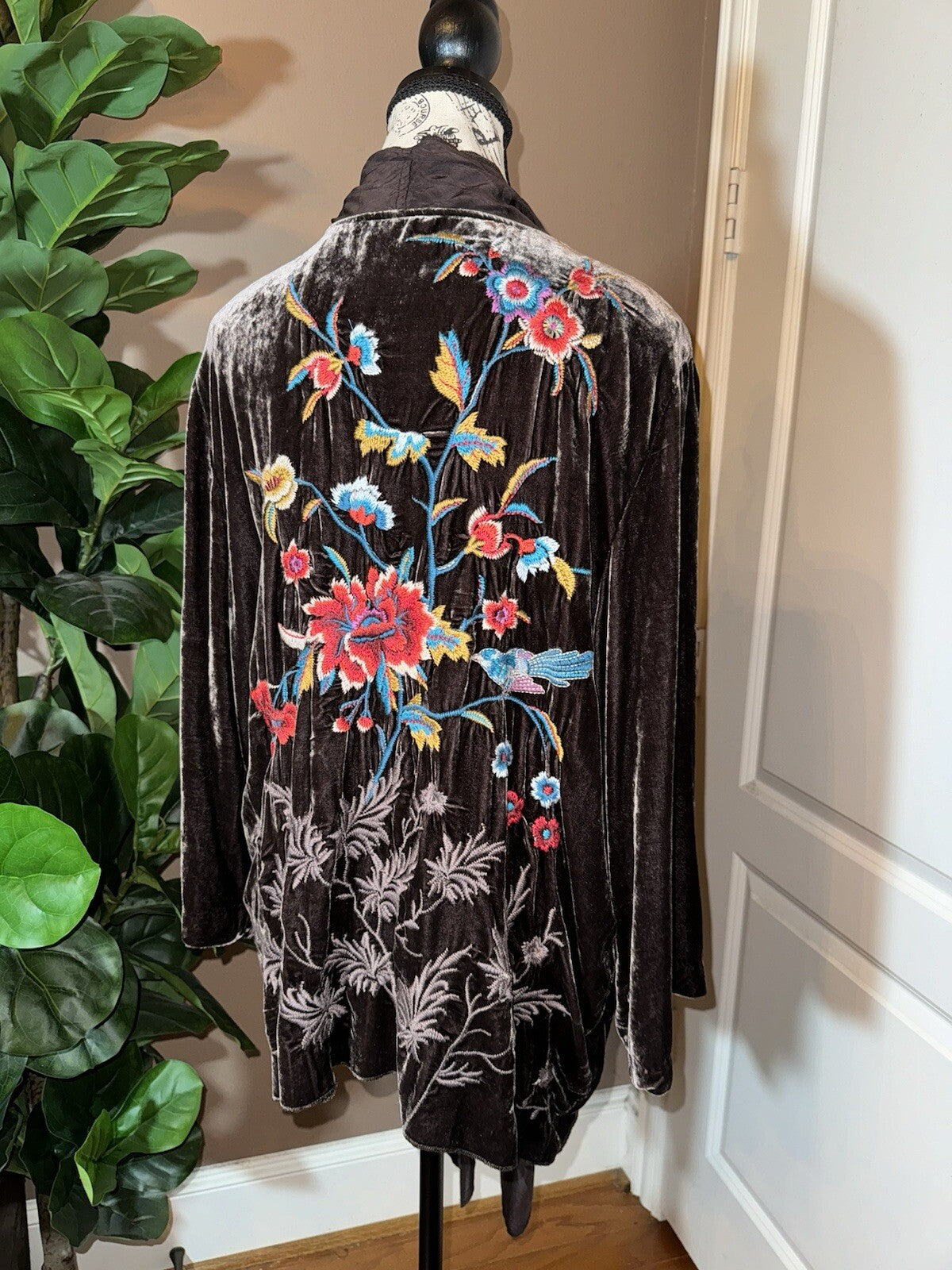 Johnny Was L Brown Velvet & Silk Panel Kimono Embroidery Wrap Cardigan Jacket Johnny Was