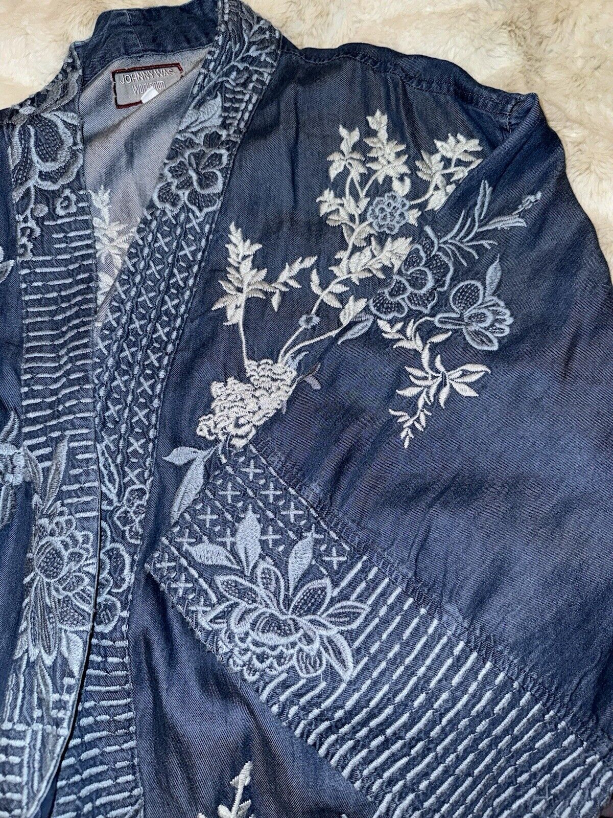 Johnny Was 3X 3XL Denim Kimono Embroidered Jacket Cardigan Wrap Coat Boho