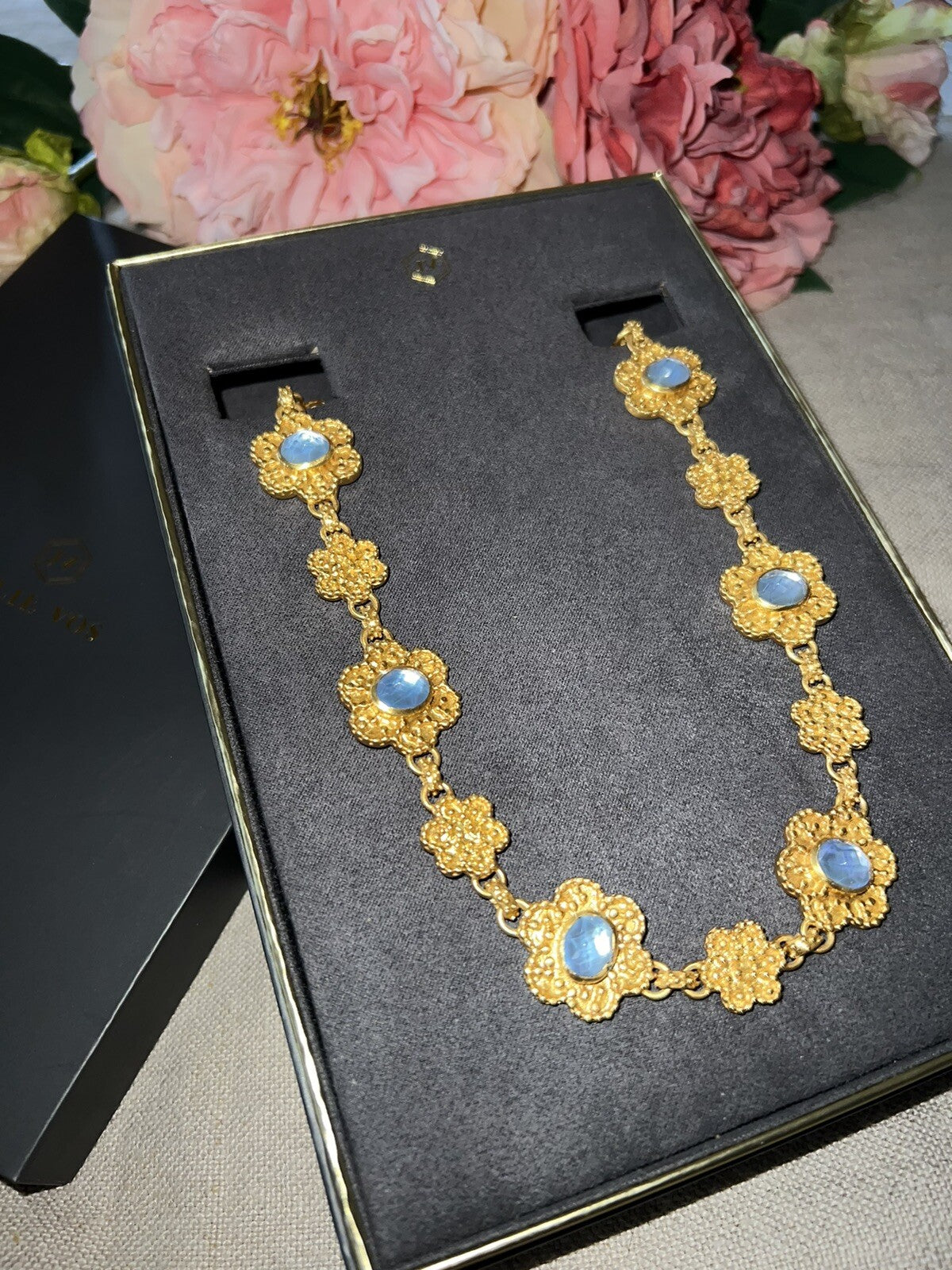 Julie Vos Blue Flower Statement Necklace Toggle Link 24k Gold Plate Chain Julie Vos