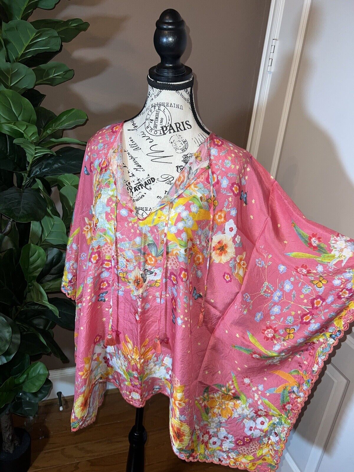 Johnny Was Pink O/S 100% Silk Kimono Wrap Top Cover Up Tassels Butterflies Flora