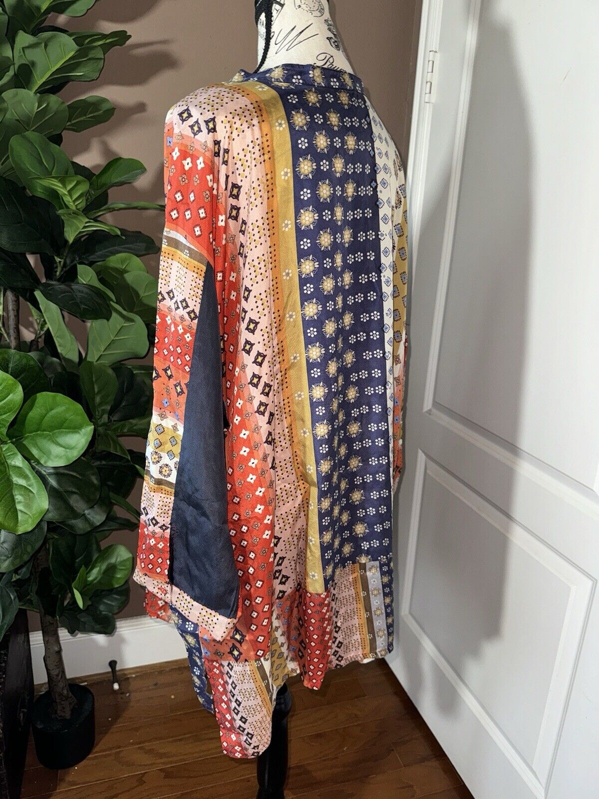 Johnny Was 3X 3XL 100% Silk Tunic Top Kimono Sleeves Button Up