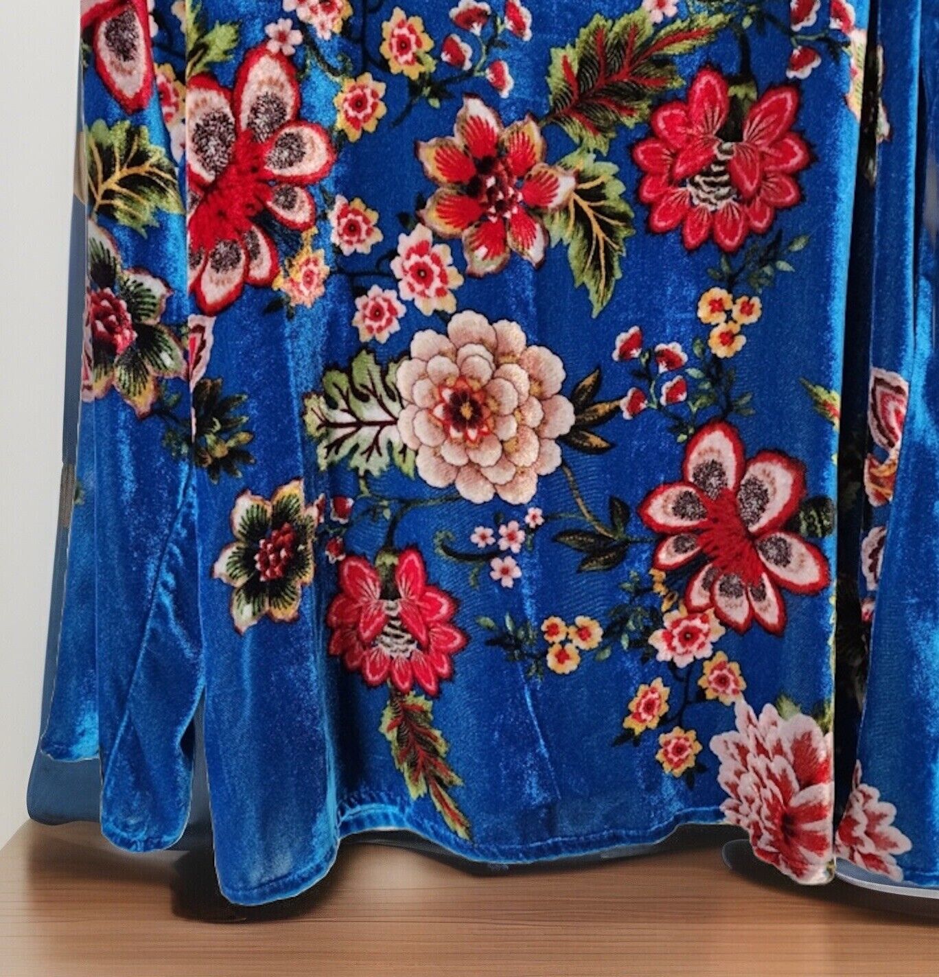 Johnny Was XL Blue Velvet Tunic Top Floral Long Sleeve Blouse Shirt Mini Dress