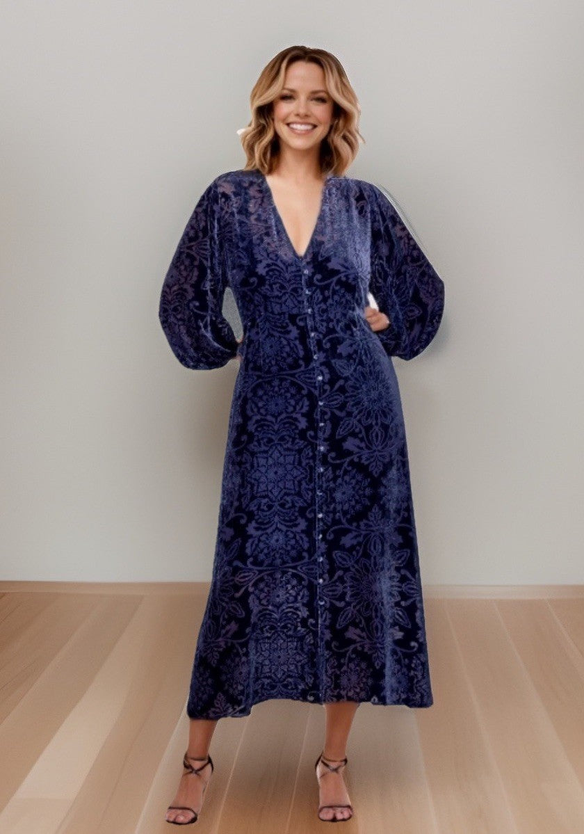 Johnny Was XL Midnight Blue Velvet Burnout Shift MIDI Dress Lightweight Johnny Was