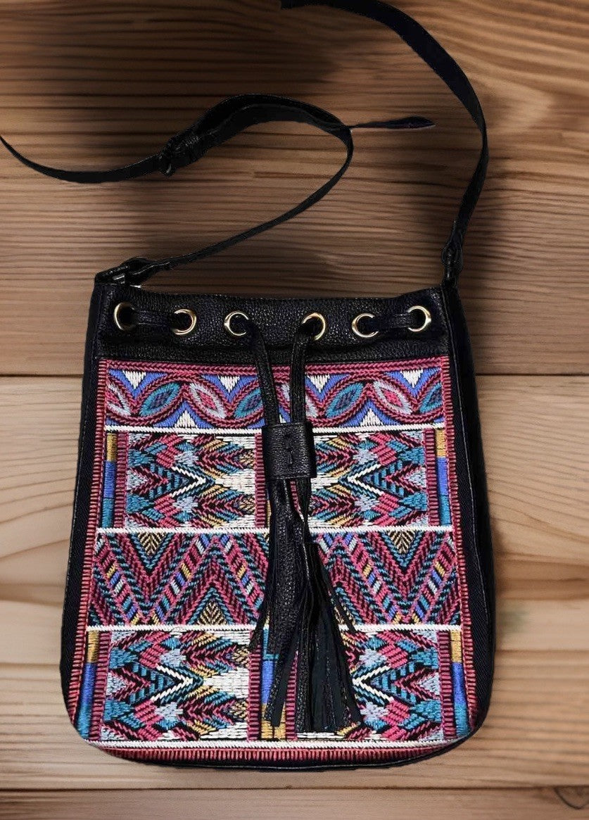 Johnny Was Black Leather Crossbody Purse Tote Bag Beautiful Embroidery Johnny Was