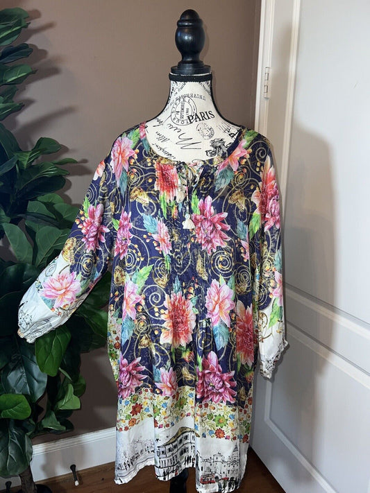 Johnny Was 100% Silk Tunic Top Tassels Jewel Tone XL 1X 1XL Floral &City