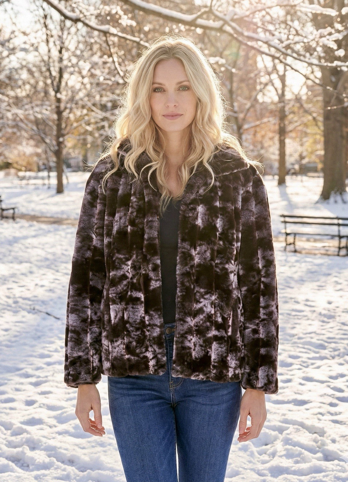 Johnny Was XL Black & Grey Faux Fur Coat Jacket Wrap Silk Lining Pockets Johnny Was