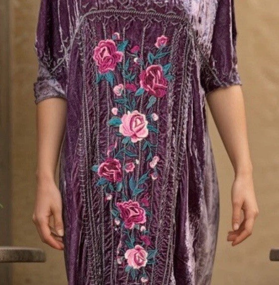 Johnny Was L Large Purple Velvet Embroidered Shift Mini Dress Short Sleeve BOHO Johnny Was