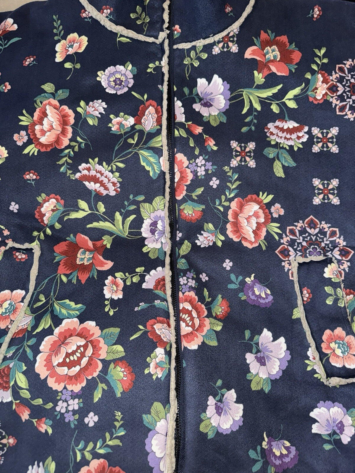 Johnny Was L Navy Blue Coat Jacket Faux Suede & Shearling Oversized Floral Johnny Was Pete & Greta