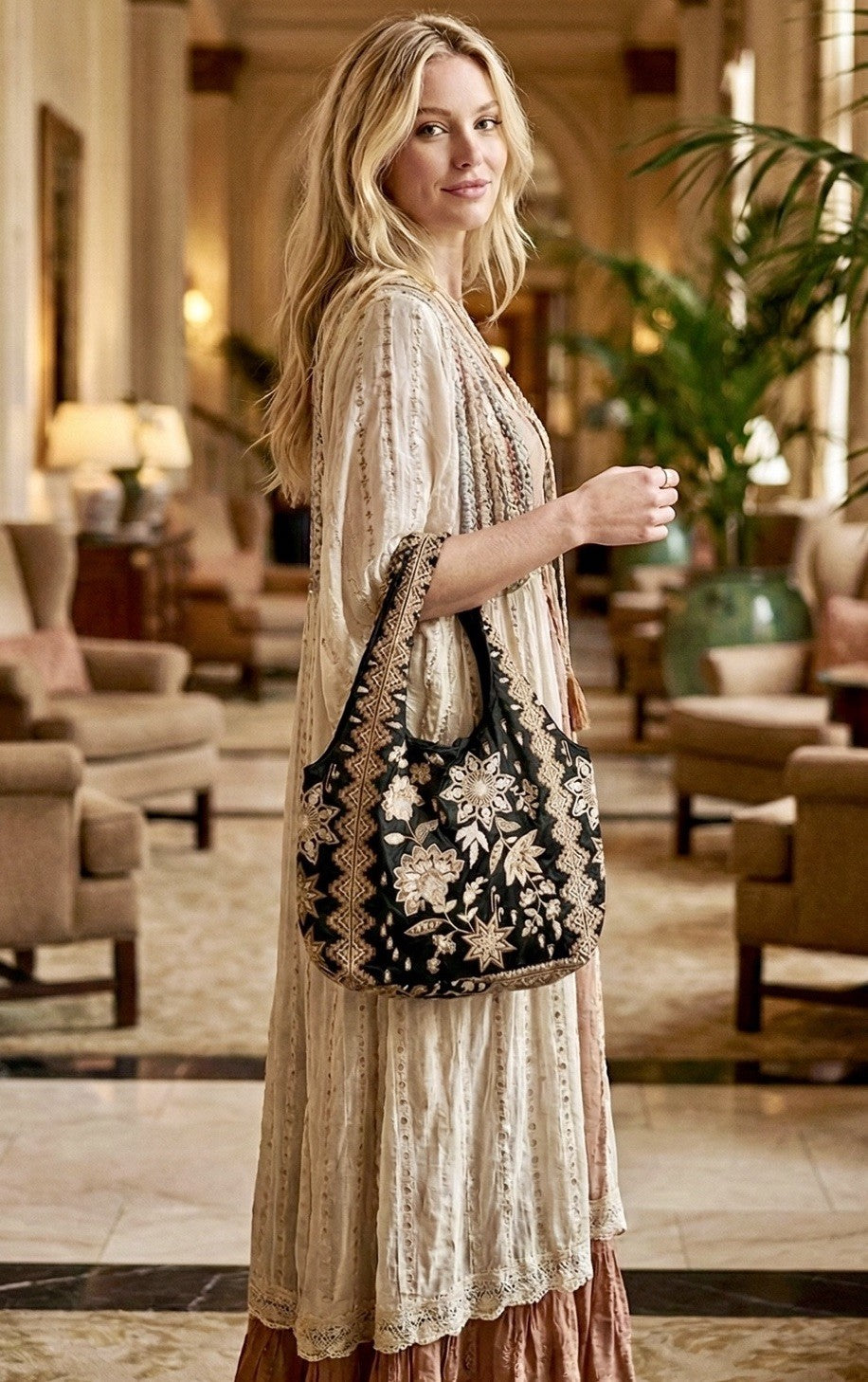 Johnny Was Large Black & Gold Satin Hobo Bag Slouch Tote Purse Embroidered Johnny Was