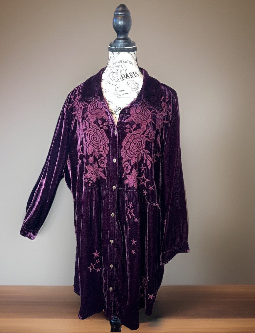Johnny Was 1X Burgundy Wine Velvet Embroidered Shirt Tunic Top Button Up Johnny Was