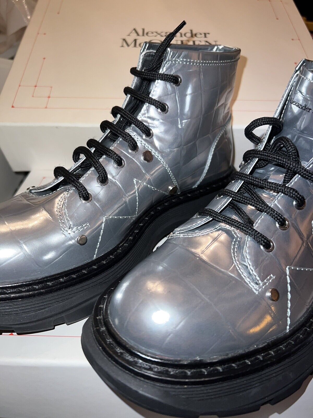 Alexander McQueen Patent Animal Print Combat Boots Silver 39.5 $1050 Retail