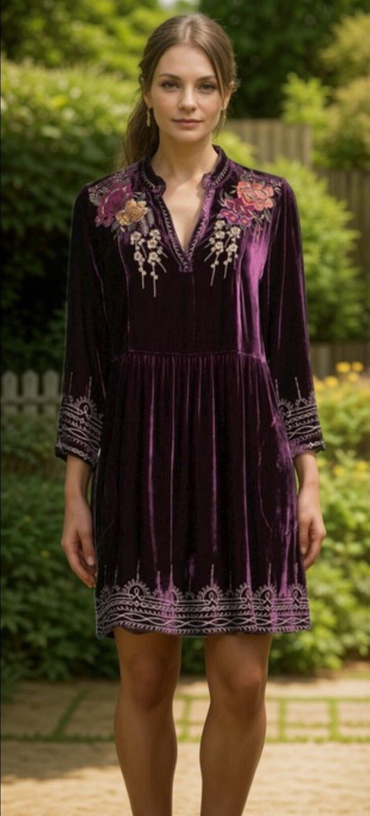 Johnny Was 3XL 3X Plus Wine Velvet Mini Dress Tiered Babydoll Shift Embroidered Johnny Was