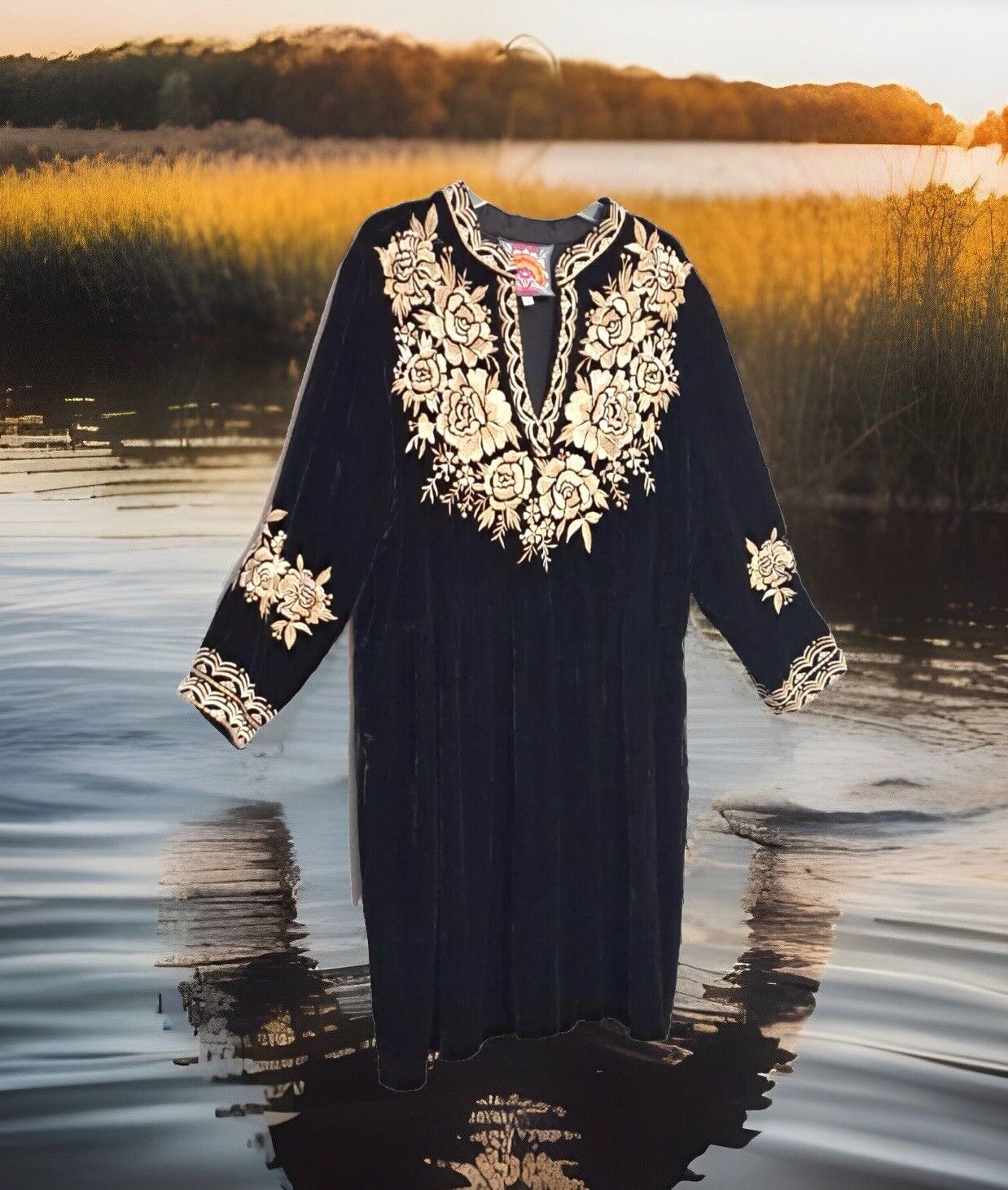 Johnny Was L Black & Gold Velvet Dress Embroidered Floral Babydoll Tunic Top