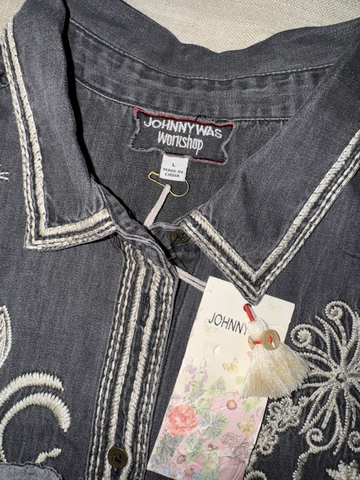 Johnny Was L Denim Chore Jacket Shacket Coat Black Grey Wash Embroidered Johnny Was