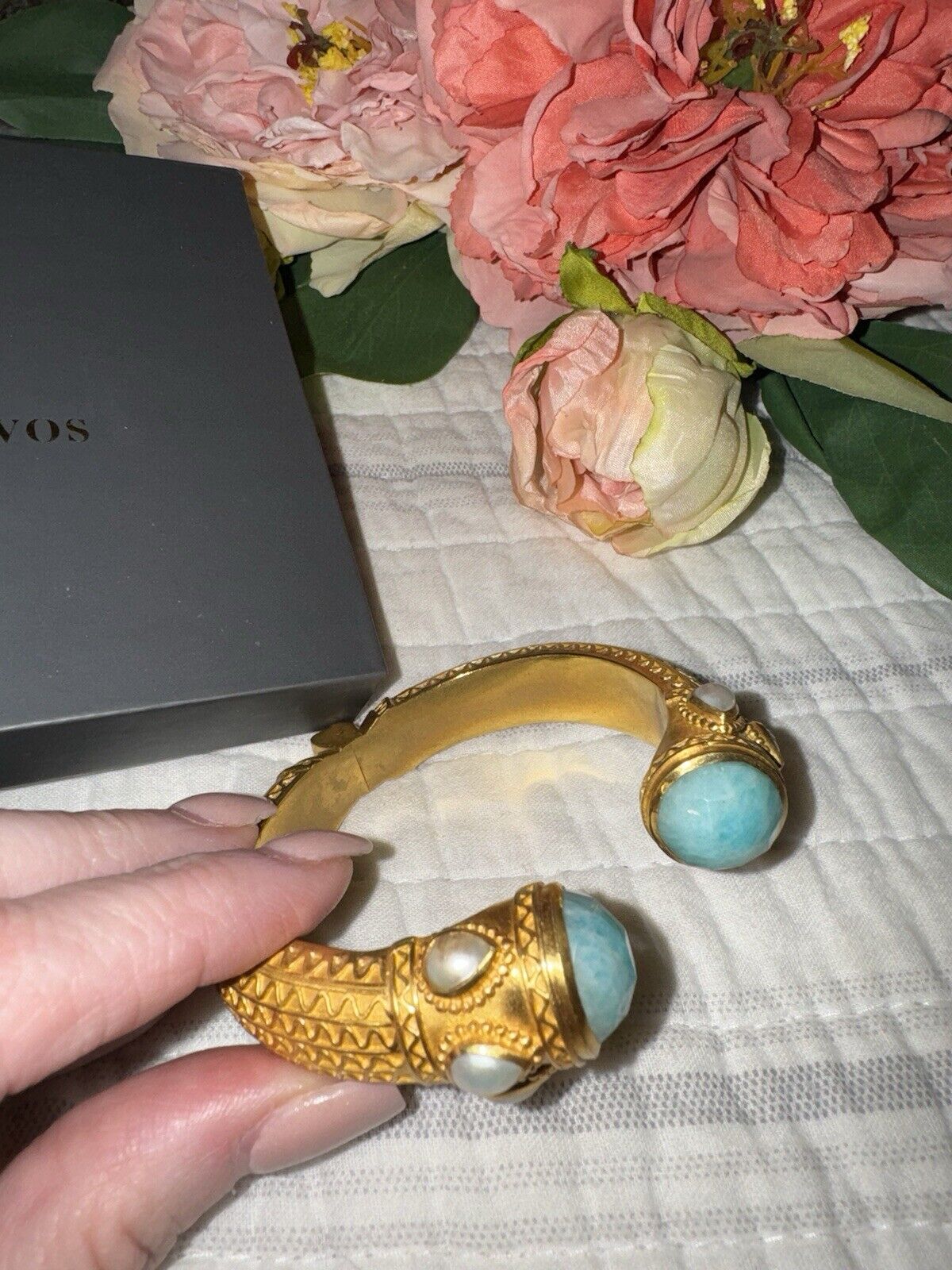 RETIRED Julie Vos Turquoise & Pearl Hinged Bangle Cuff Bracelet 24k Gold Plated