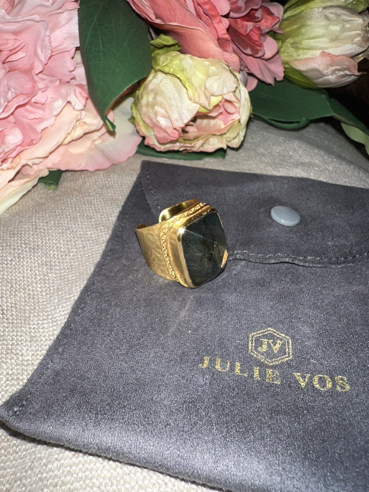 Julie Vos Sz 9 Cuff Ring ADJUSTABLE Real Labradorite & 24k Gold Plated Julie Vos