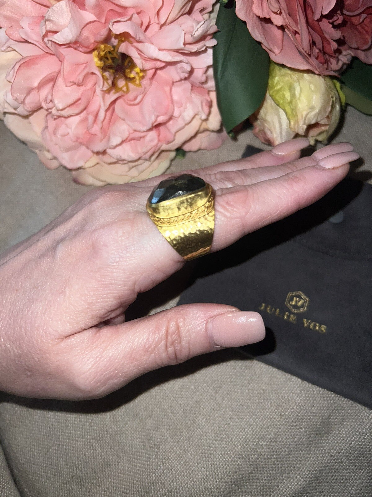 Julie Vos Sz 9 Cuff Ring ADJUSTABLE Real Labradorite & 24k Gold Plated Julie Vos