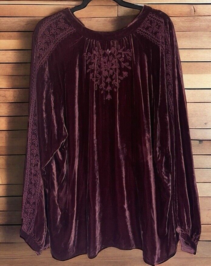 Johnny Was Burgandy Wine Velvet & Embroidered Tunic Top Kimono XL 1X 1XL