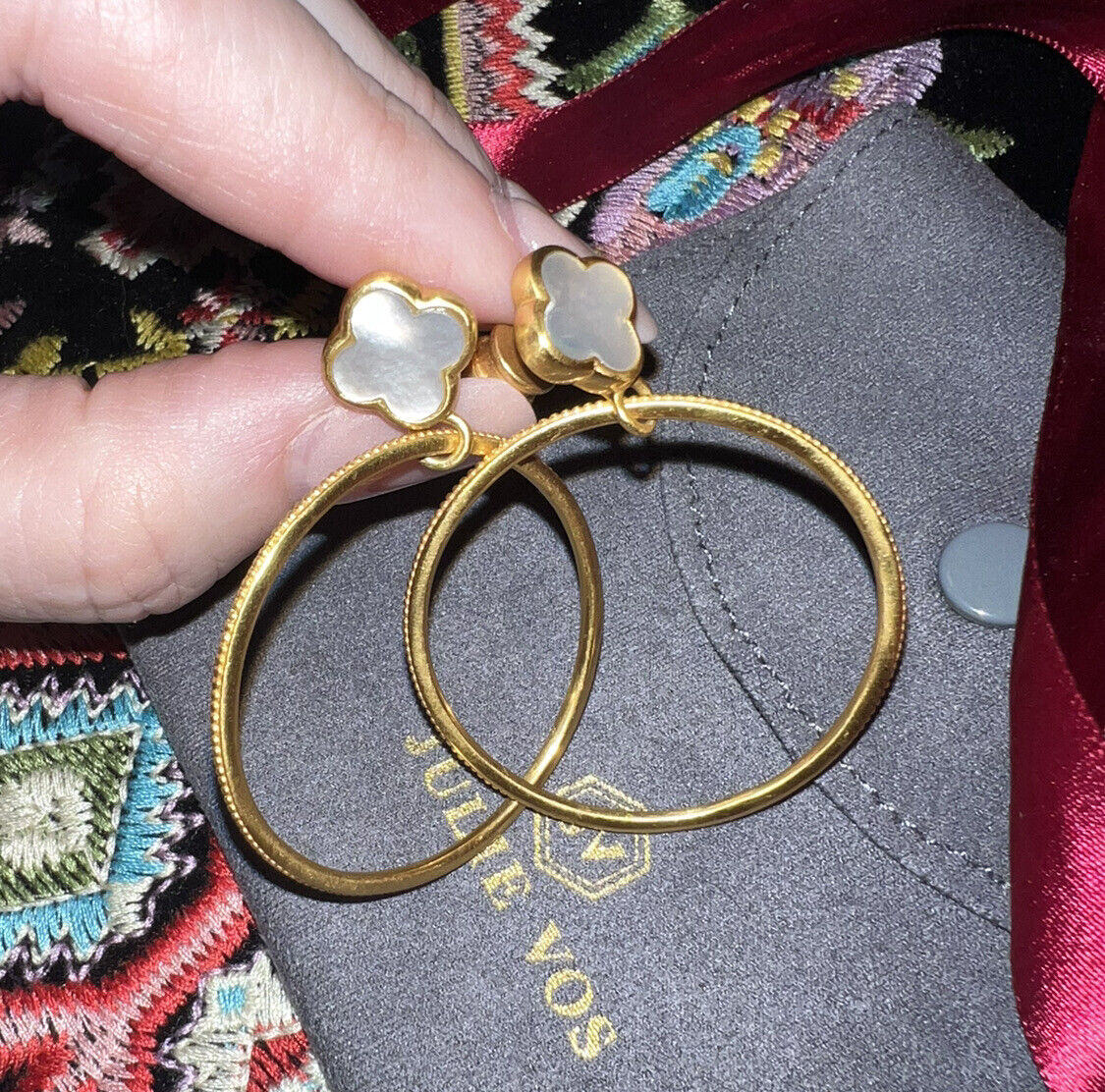 Julie Vos Mother Of Pearl & 24k Gold Plate Hoop Earrings 2” Classic