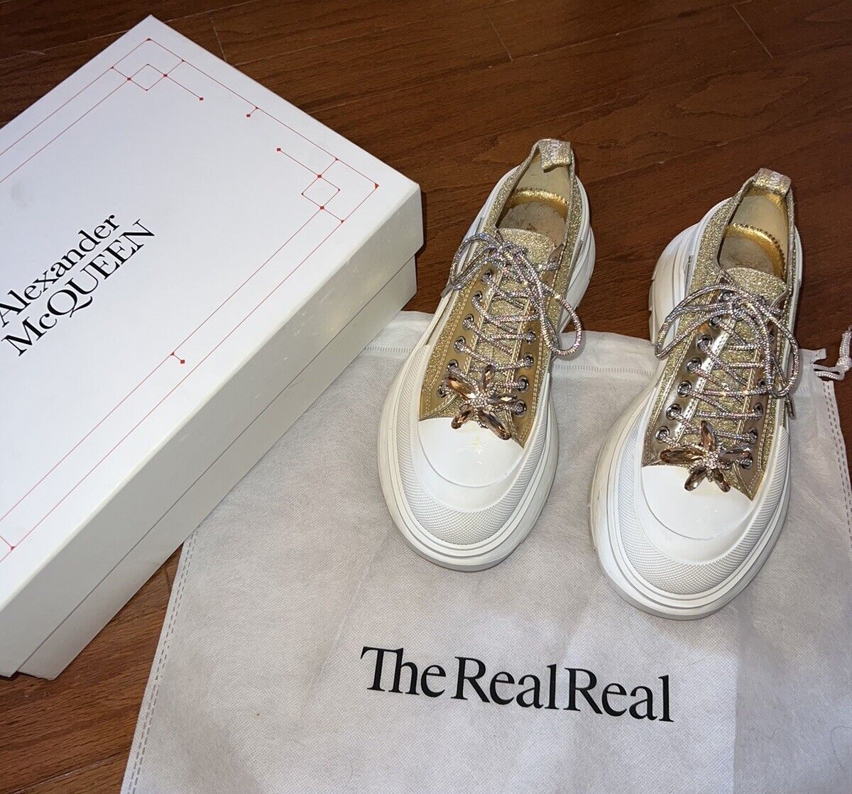 Alexander McQueen Tread Slick Gold Glitter Sneakers Retail $1180 Sz 42 US 10