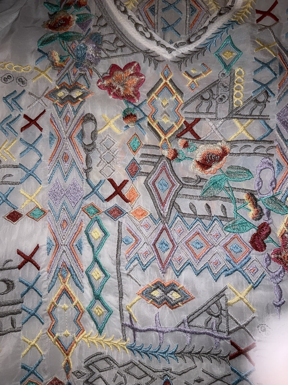 Johnny Was L Silky White Button Up Cool Embroidered Peasant Blouse Top Tunic Johnny Was